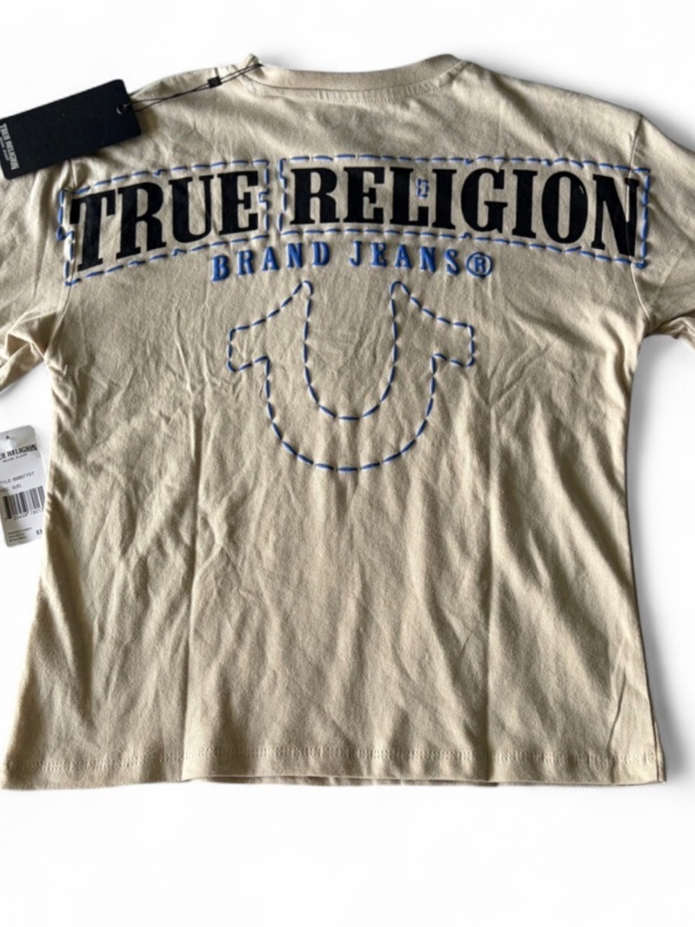NWT 🧲 $50 True Religion Beige tee with graphic back Size 8